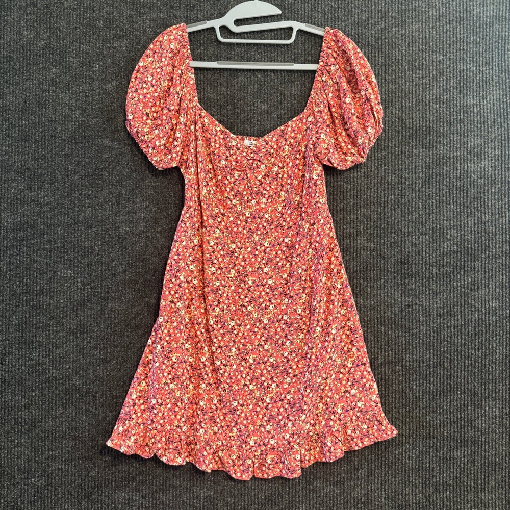 Cupshe Mini Dress Women XS Red Floral Puff Sleeve Smocked Back Ruffle Hem